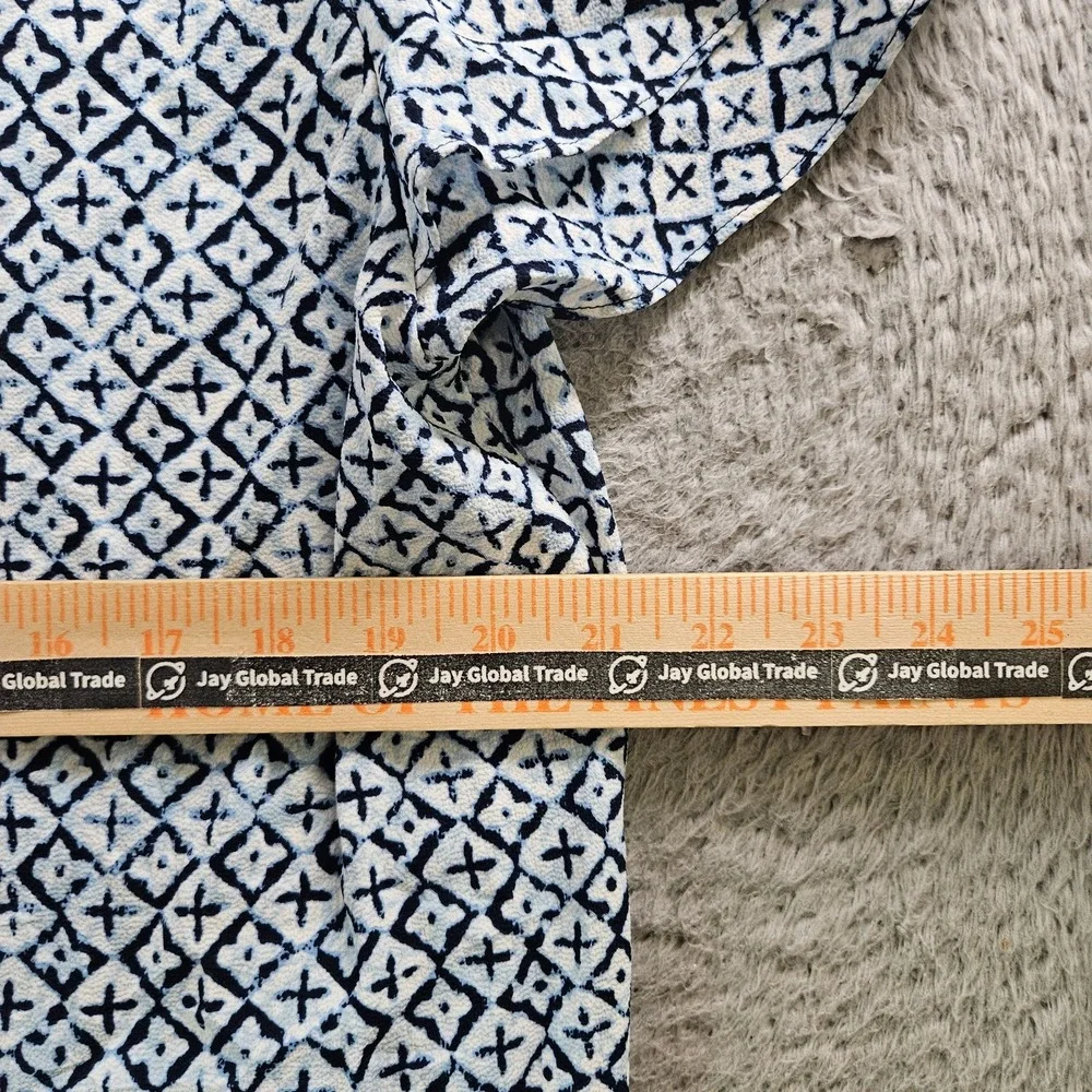 Michael Kors Wrap Top Women Large Geometric Print‎ Ruffle Sleeve Blue White